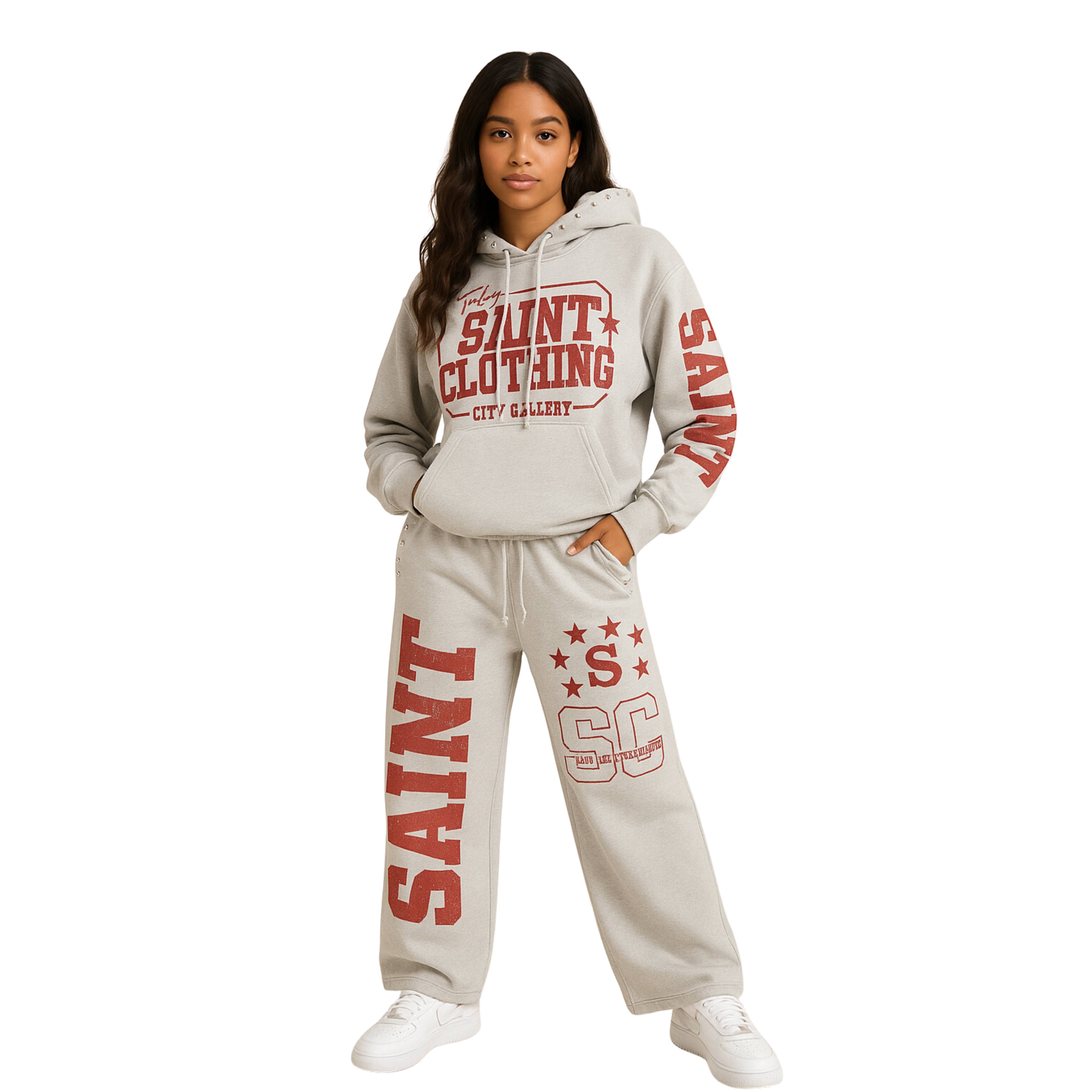 Saint Art Gallery Studded Tracksuit Set | Light Grey & Red