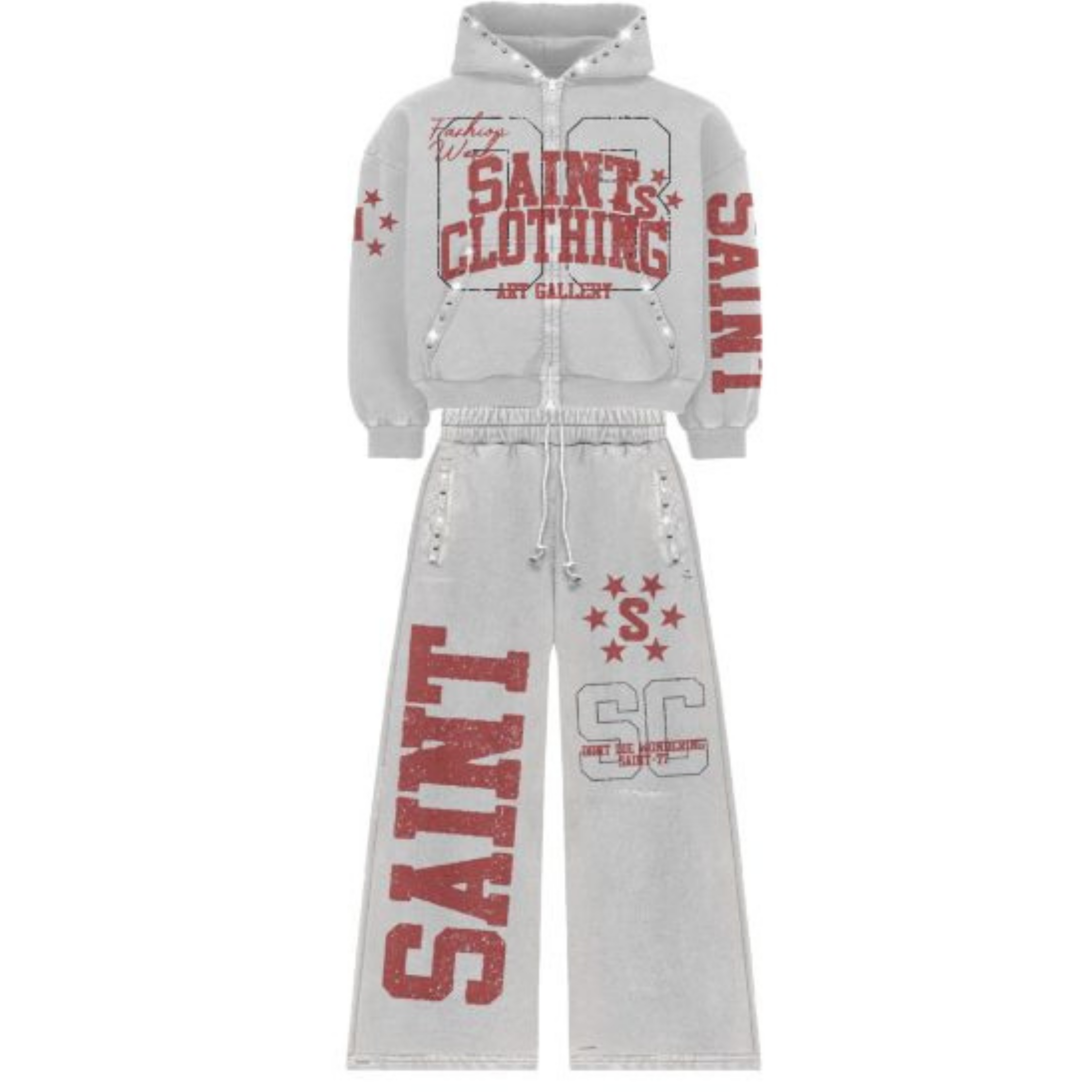 Saint Art Gallery Studded Tracksuit Set | Light Grey & Red