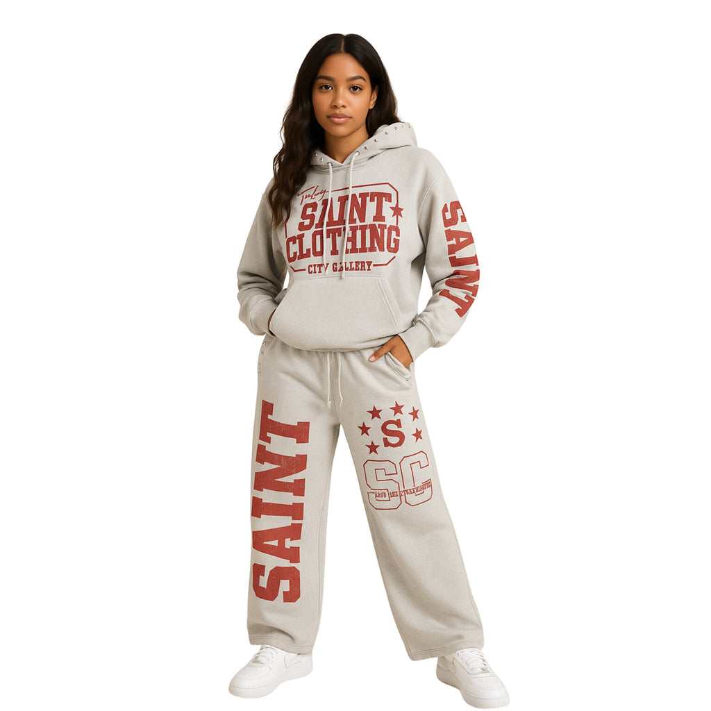 Saint Art Gallery Studded Tracksuit Set | Light Grey & Red